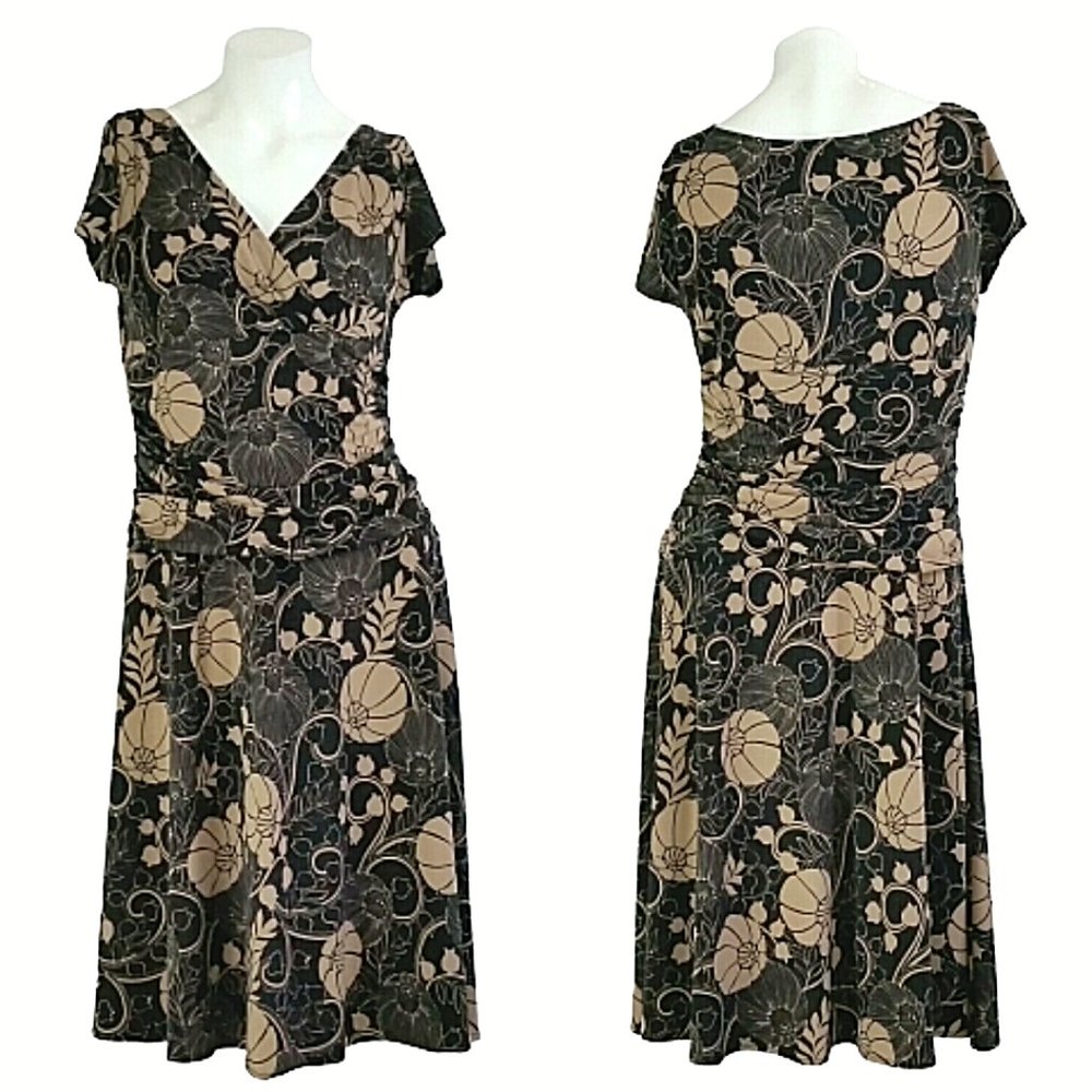 London Times Black Floral Swingy Midi A-Line Dress